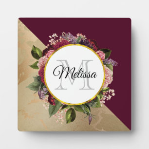 Goldmarmor Muster und Burgund Florals Monogramm Fotoplatte