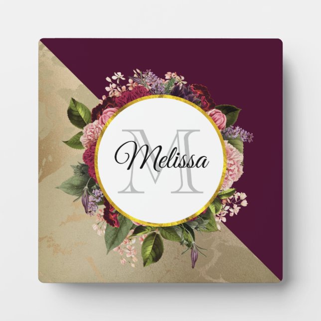 Goldmarmor Muster und Burgund Florals Monogramm Fotoplatte (Vorderseite)