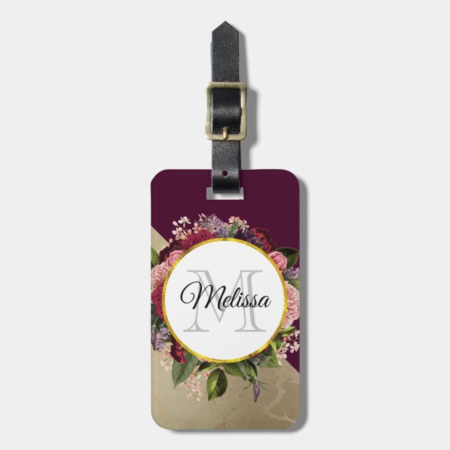 Goldmarmor Muster und Burgund Florals Monogramm Gepäckanhänger (Vorderseite vertikal)