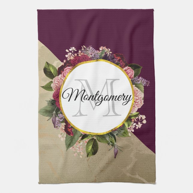Goldmarmor Muster und Burgund Florals Monogramm Geschirrtuch (Vertikal)