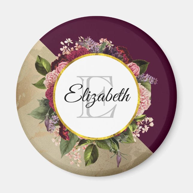 Goldmarmor Muster und Burgund Florals Monogramm Magnet (Vorne)