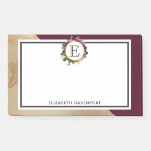 Goldmarmor Muster und Burgund Florals Monogramm Post-it Klebezettel