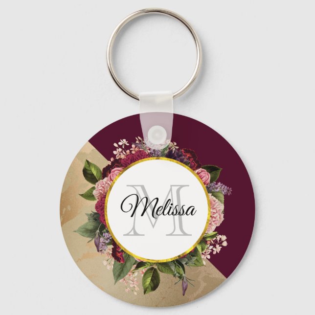 Goldmarmor Muster und Burgund Florals Monogramm Schlüsselanhänger (Vorderseite)