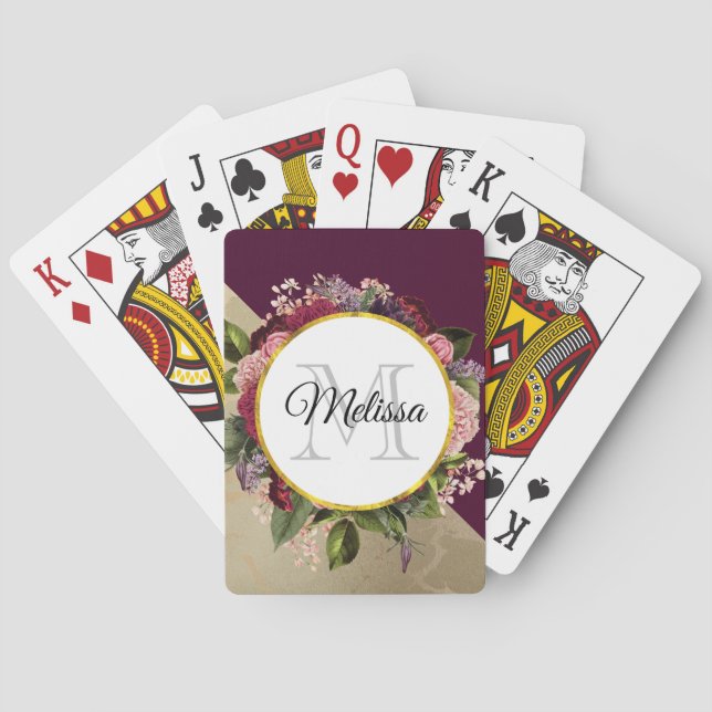 Goldmarmor Muster und Burgund Florals Monogramm Spielkarten (Rückseite)