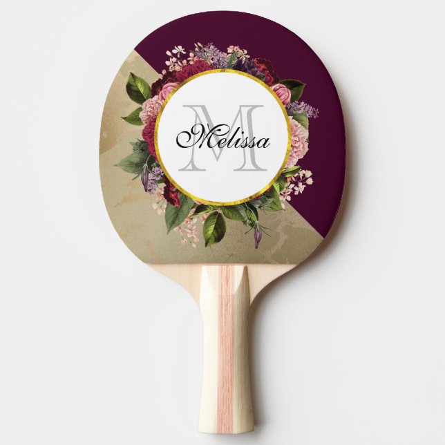 Goldmarmor Muster und Burgund Florals Monogramm Tischtennis Schläger (Vorderseite)