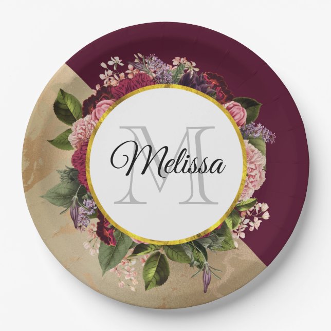 Goldmarmormuster und Burgunder-Floral-Monogramm Pappteller (Vorderseite)