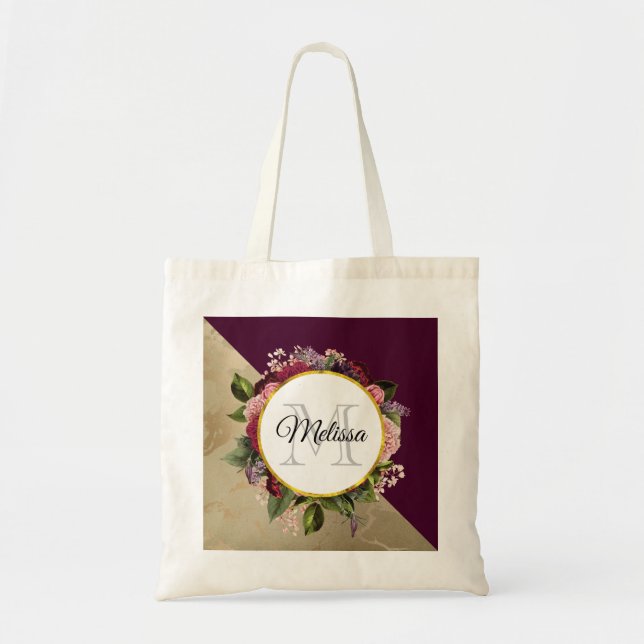 Goldmarmormuster und Burgunder-Floral-Monogramm Tragetasche (Vorne)