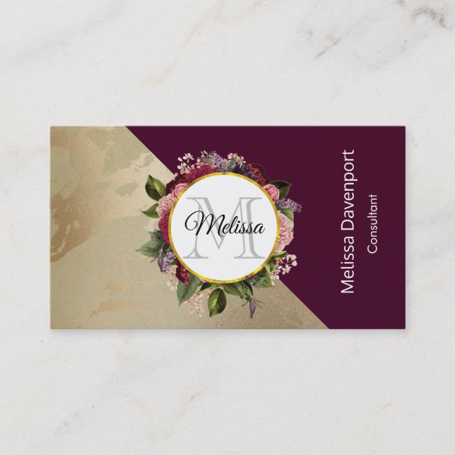 Goldmarmormuster und Burgunder-Floral-Monogramm Visitenkarte (Vorderseite)