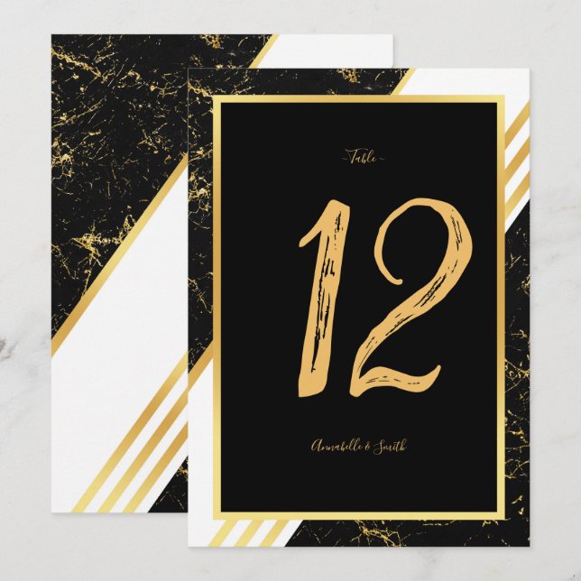 Goldmarmorstreifen, typografisch, schwarze Tischnu Einladung (Vorne/Hinten)