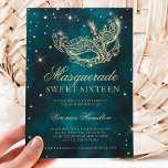 Goldmaske Glitzer Maskerade aquamarin grün Sweet 1 Einladung<br><div class="desc">Ein modernes,  elegantes und glamouröses 16 . Geburtstag mit einem handgezeichneten vergoldeten Glitzer-Maskenmantel mit vergoldeten Glitzer-Diamanten-Glitzern auf einem dunkelgrünen,  aquamarinen Aquarell.</div>
