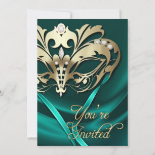 Goldmaskerade-aquamarine Jeweled Party Einladung