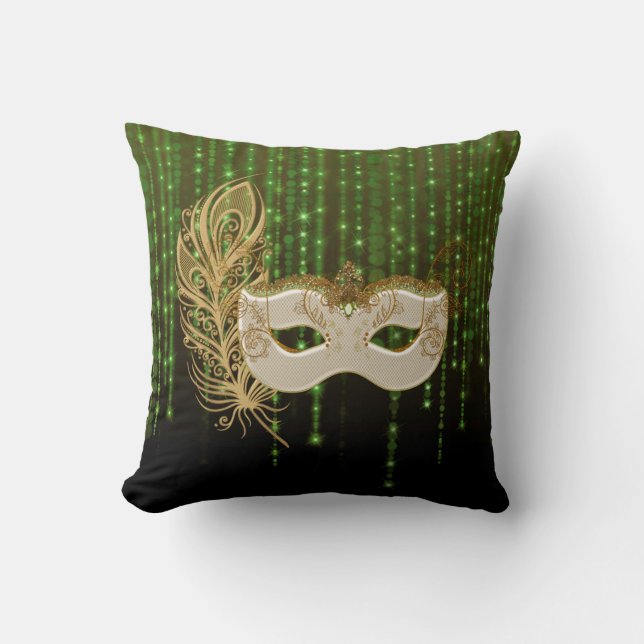 Goldmaskerade-Grün-Schnur beleuchtet quadratisches Kissen (Vorderseite)