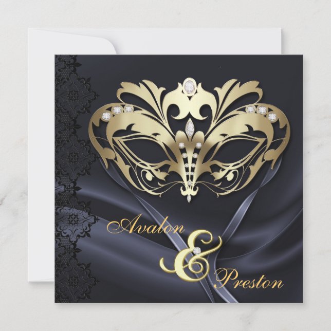 Goldmaskerade-Schwarzes Jeweled Hochzeit Einladung (Vorderseite)