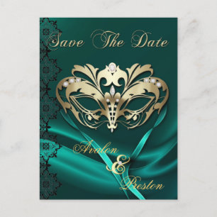 Goldmasquerade Aquamarin Jewel Save the Date Postc Ankündigungspostkarte