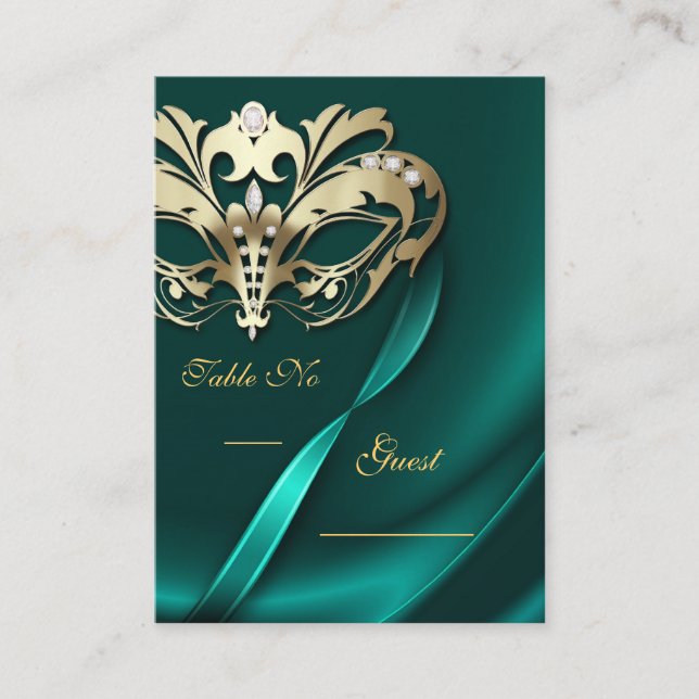 Goldmasquerade Aquamarine Juweliertisch Platzkarte (Vorderseite)