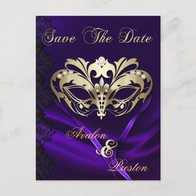 Goldmasquerade Lila Jewel Save the Date Ankündigungspostkarte (Vorderseite)