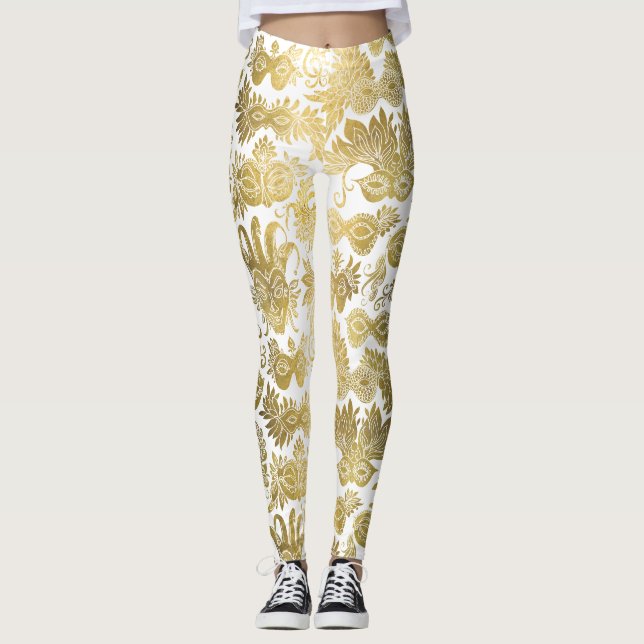 Goldmasquerade Masken auf weißem Muster Leggings (Vorderseite)