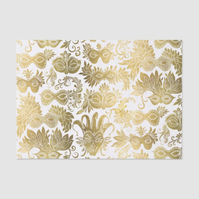 Goldmasquerade Masken auf weißem Muster Seidenpapier (Vorderseite)