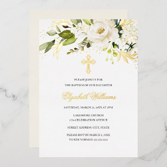 Goldmedaille Blumen Taufen Einladung (Vorderseite/Rückseite)