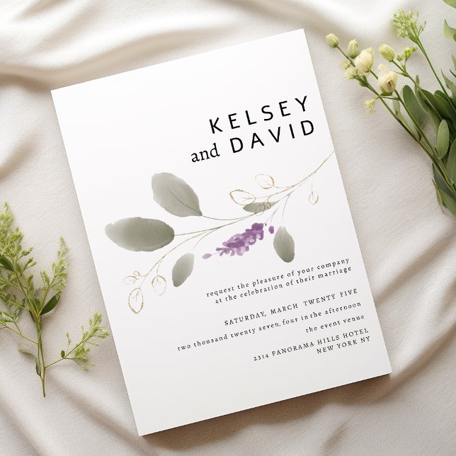 Goldmedaille Blütenhochzeit Einladung (Lavender mint gold watercolor floral wedding)