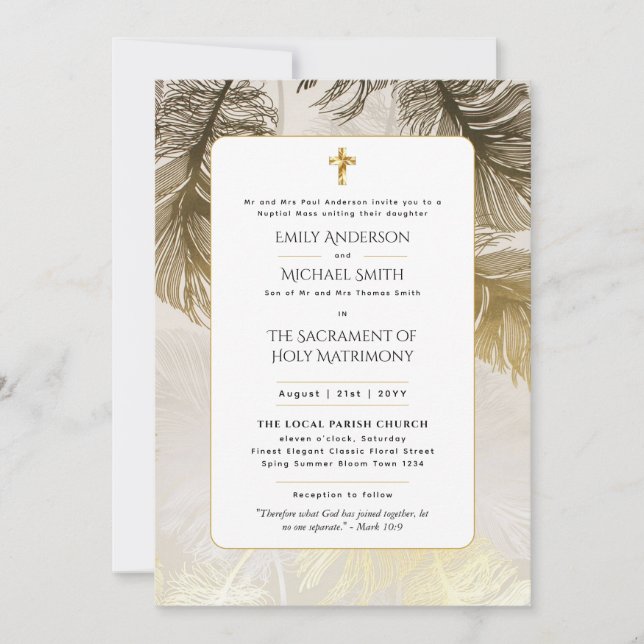 Goldmedaille der weißen katholischen Hochzeit Einladung (Vorderseite)