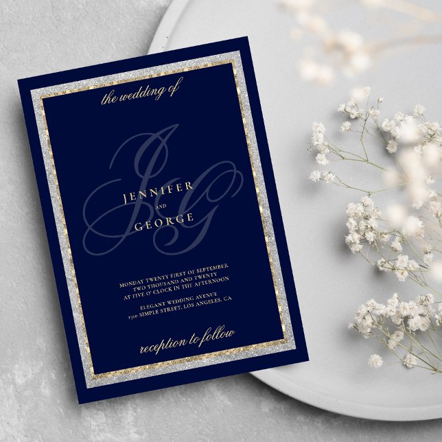 Goldmedaille Einladung (Gold silver navy blue monogram initials wedding)