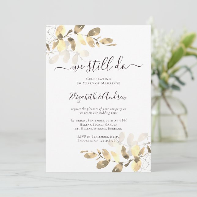 Goldmedaille Eukalyptus Calligraphy Golden Wedding Einladung (Stehend Vorderseite)