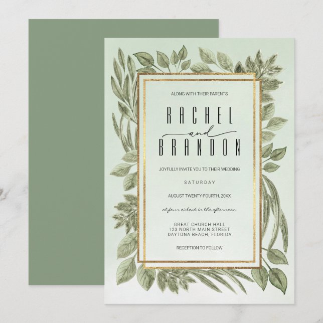 Goldmedaille Grüne Wasserfarbenhochzeit Einladung (Vorne/Hinten)