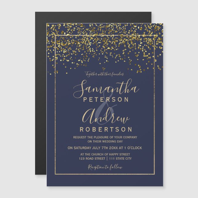 Goldmedaille Konfetti-Blaue Typografie Hochzeit Magneteinladung (Vorne/Hinten)
