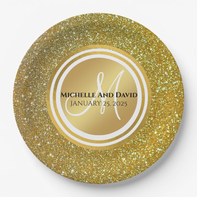 Goldmedaille Monogram Hochzeit  Pappteller (Vorderseite)