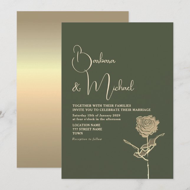 Goldmedaille Rose Grün Hochzeit Einladung (Vorne/Hinten)