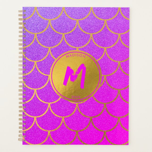Goldmedaille Scales Rosa Lila Glitzer Monogram Planer (Vorderseite)