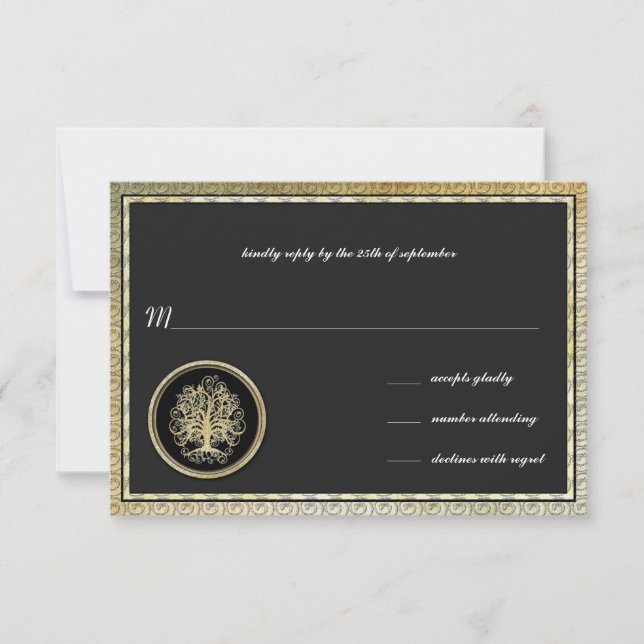 Goldmedaille Swirl Tree Gold Border Wedding RSVP Karte (Vorderseite)