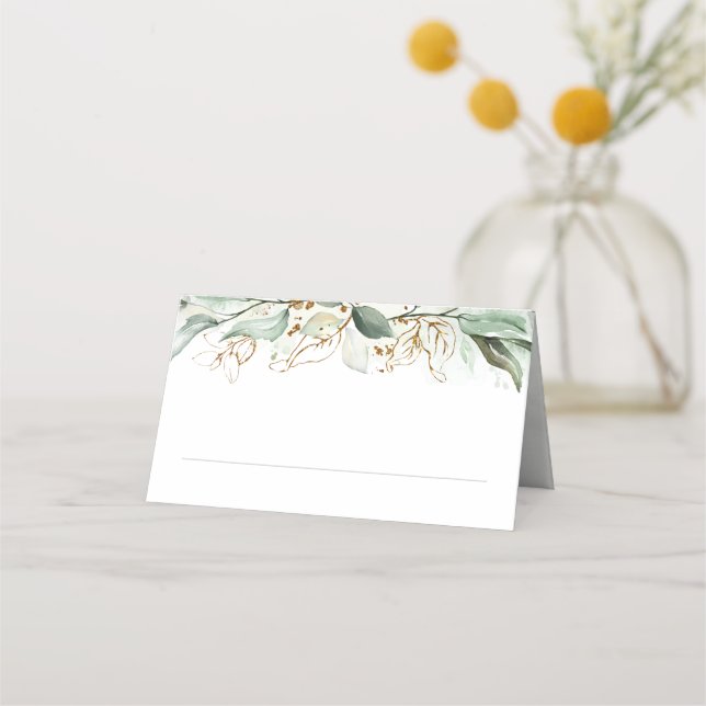 Goldmedaille und Eukalyptus Greenerity Wedding Platzkarte (Vorderseite)