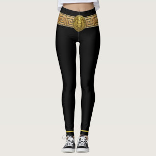 Goldmedusa und griechischer Schlüssel auf schwarze Leggings