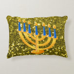 GoldMenorah GoldImitat-Glitzer Zierkissen<br><div class="desc">Schönes u. dekoratives Akzent-Kissen für Chanukka, GoldMenorah GoldImitat-Glitzer-Entwurf kennzeichnend</div>
