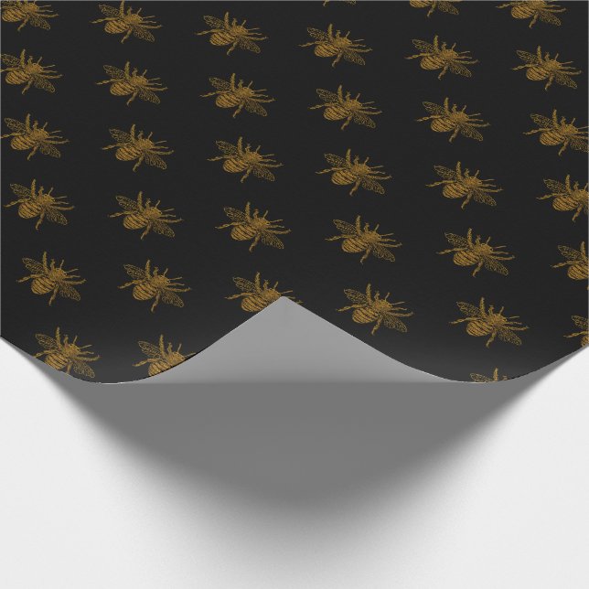Goldmetallische Folien-Bienen auf Schwarzem Geschenkpapier (Ecke)