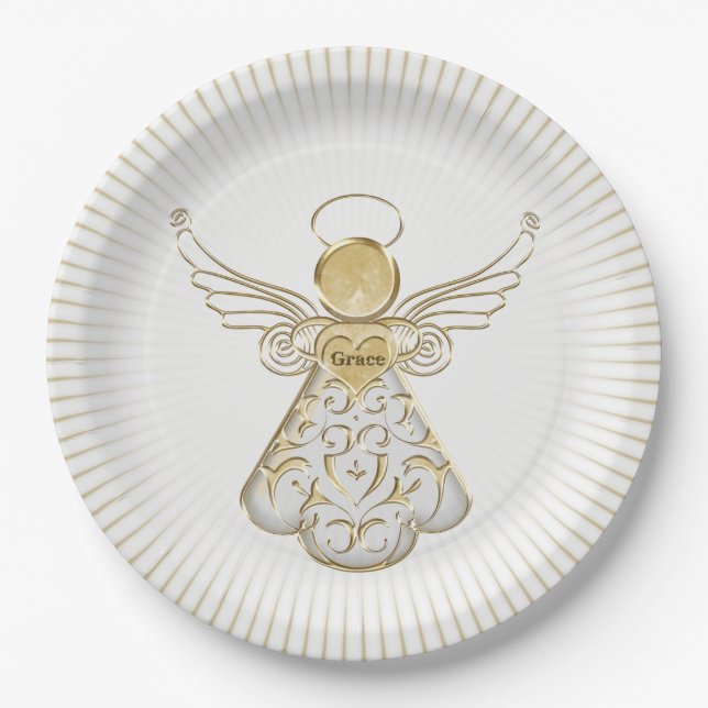Goldmit filigran geschmückter Weihnachtsengel der Pappteller (Vorderseite)
