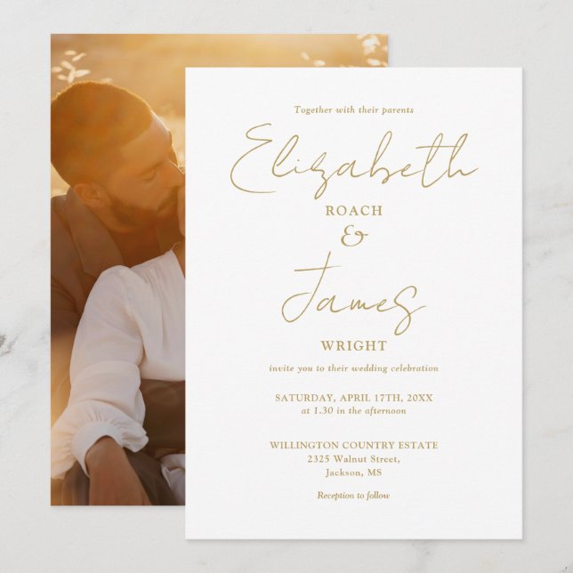 Goldmoderne Minimalistische Script-Foto-Hochzeit Einladung (Vorne/Hinten)