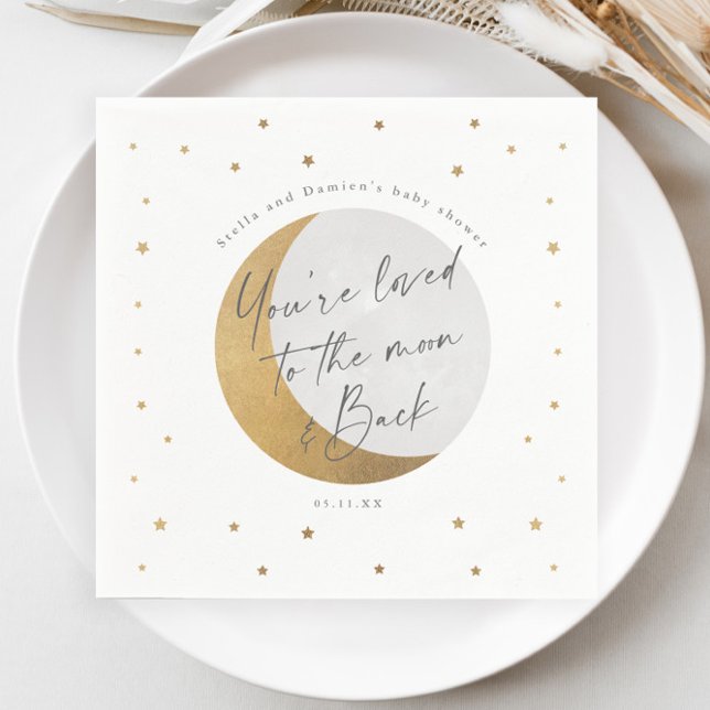 Goldmond und Sterne Geschlechtsneutrale Babydusche Serviette (Elegant Gold Moon and Stars Script Gender Neutral Baby Shower Napkin.)