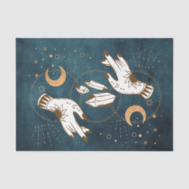 Goldmondphasen Kristalle Henna tattoo Hände blau Seidenpapier