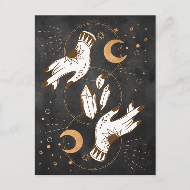 Goldmondphasen Kristalle Henna tattoo Hände Sterne Postkarte (Vorderseite)