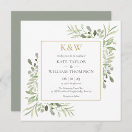 Goldmonogram Greenery Square Wedding Einladung