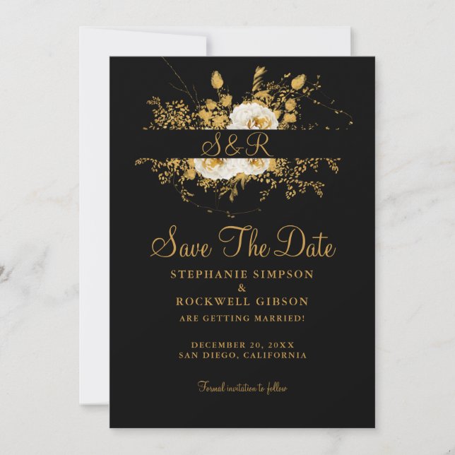 Goldmonogramm auf Schwarz-Braut-Groom-Hochzeit Save The Date (Vorderseite)