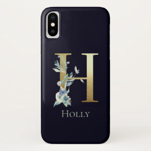 Goldmonogramm Buchstabe H Navy Blau Floral Name Case-Mate iPhone Hülle