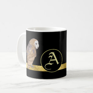 Goldmonogramm der Eule, schwarzer Hintergrund Kaffeetasse