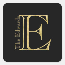 Goldmonogramm E und Name auf einer beliebigen Farb Quadratischer Aufkleber