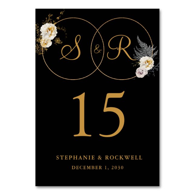 Goldmonogramm für die erste Hochzeit mit schwarzem Tischnummer (Vorderseite)