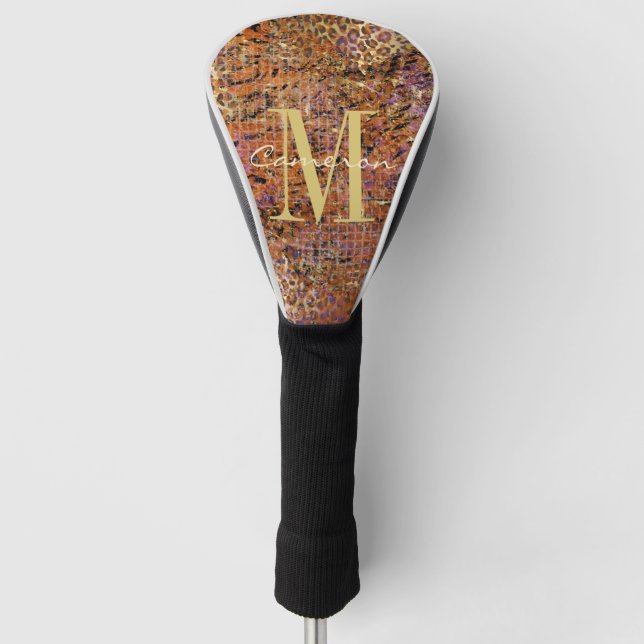 Goldmonogramm-Initial und Name auf Leopardenhaut Golf Headcover (Vorderseite)