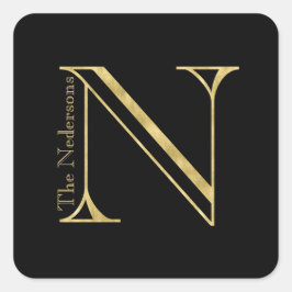 Goldmonogramm N und Name auf einer beliebigen Farb Quadratischer Aufkleber